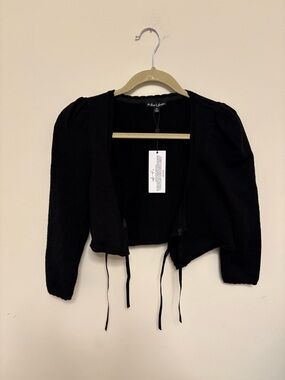 NWT For Love & Lemons Tie Front Crop Puff Sleeve Pointelle Cardigan - Black - XS